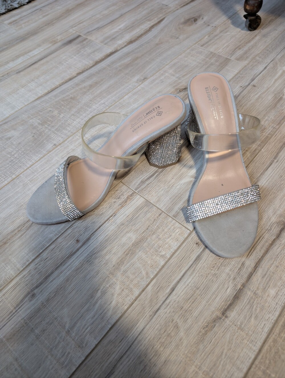 Spring Silver Crystal and Clear Block Heel Mules